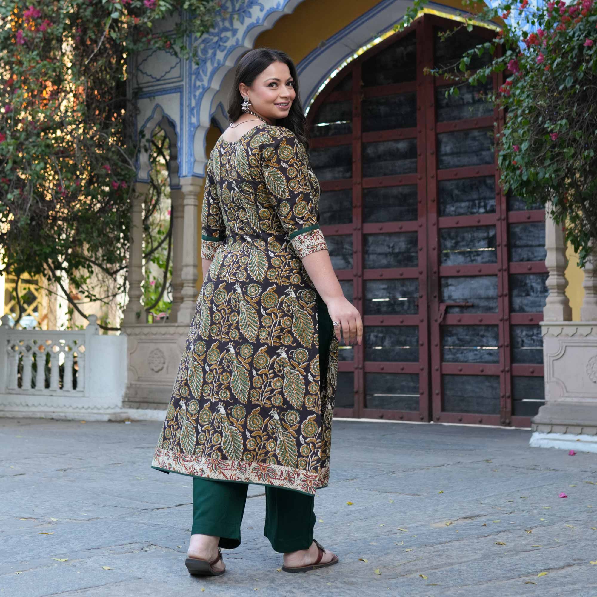 Peacock Prism Handblock Printed Floral Cotton Kurta