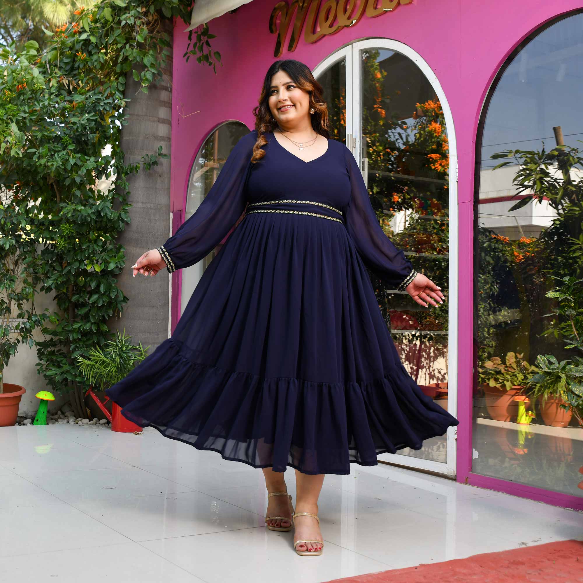 Firefly- Classic Blue Flowy Georgette Dress with Embroidered Belt Firefly- Classic Blue Flowy Georgette Dress with Embroidered Belt