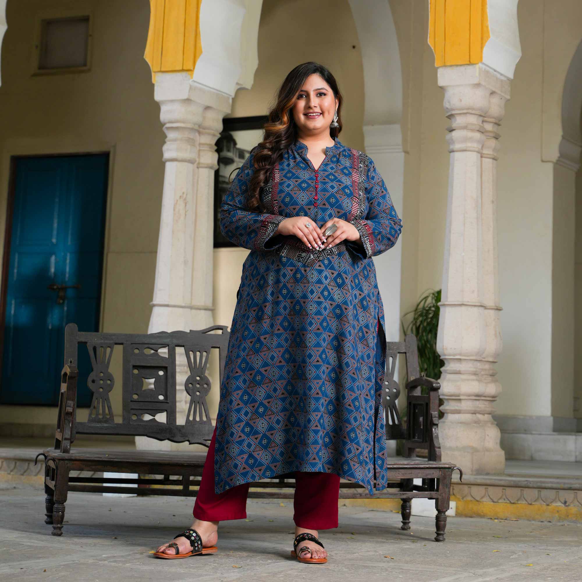 Nilgiri Blue Ajrakh Aline Modal Kurta