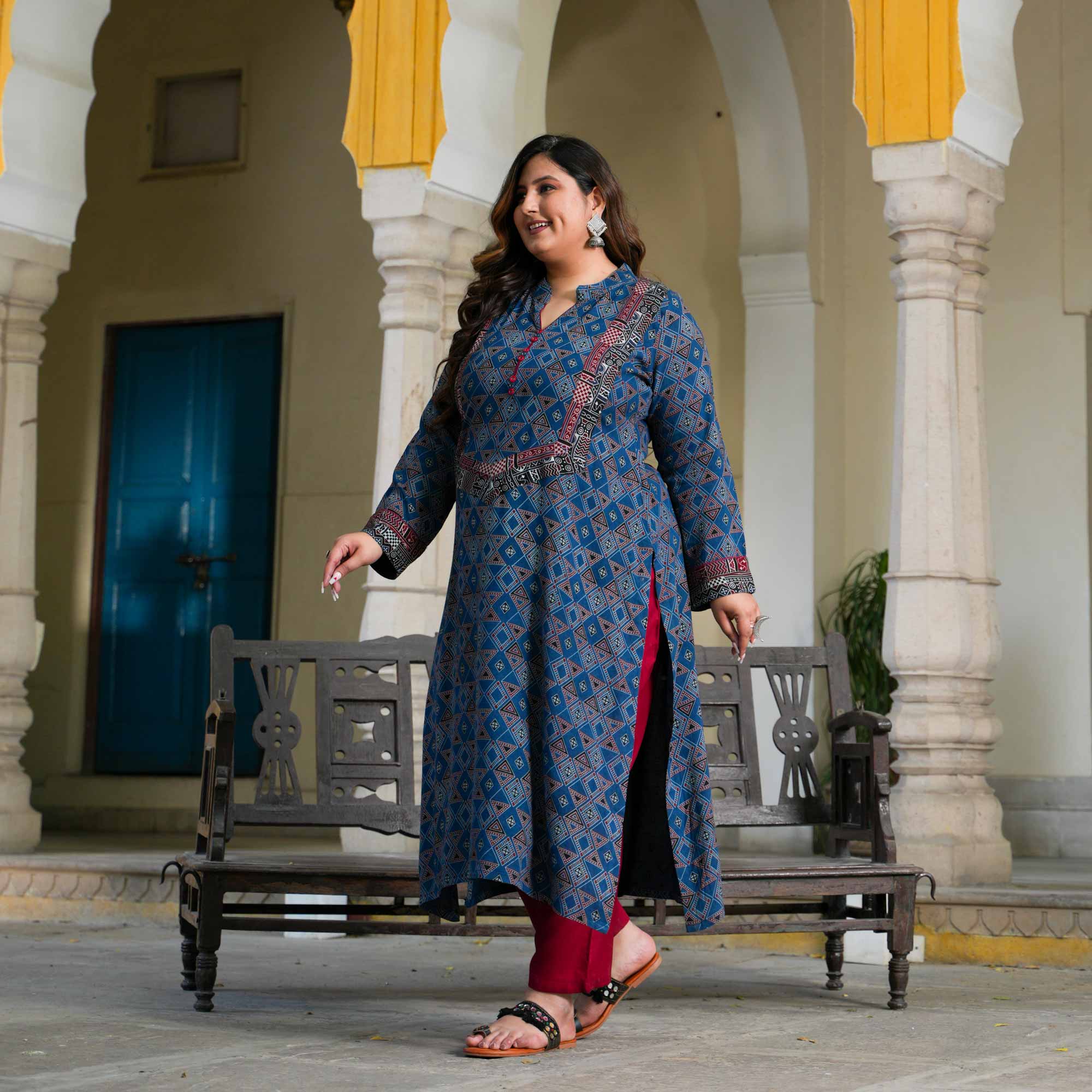 Nilgiri Blue Ajrakh Aline Modal Kurta