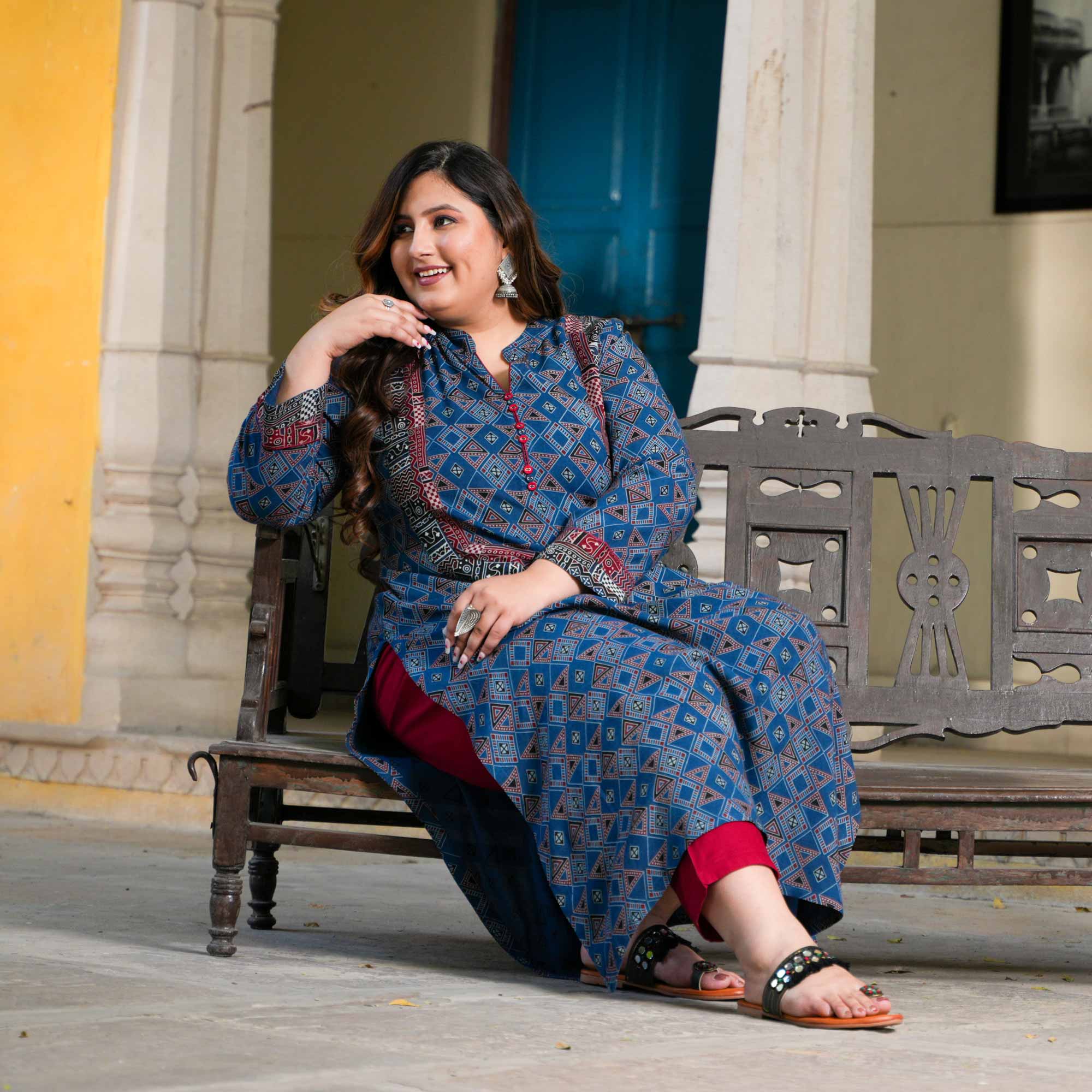 Nilgiri Blue Ajrakh Aline Modal Kurta