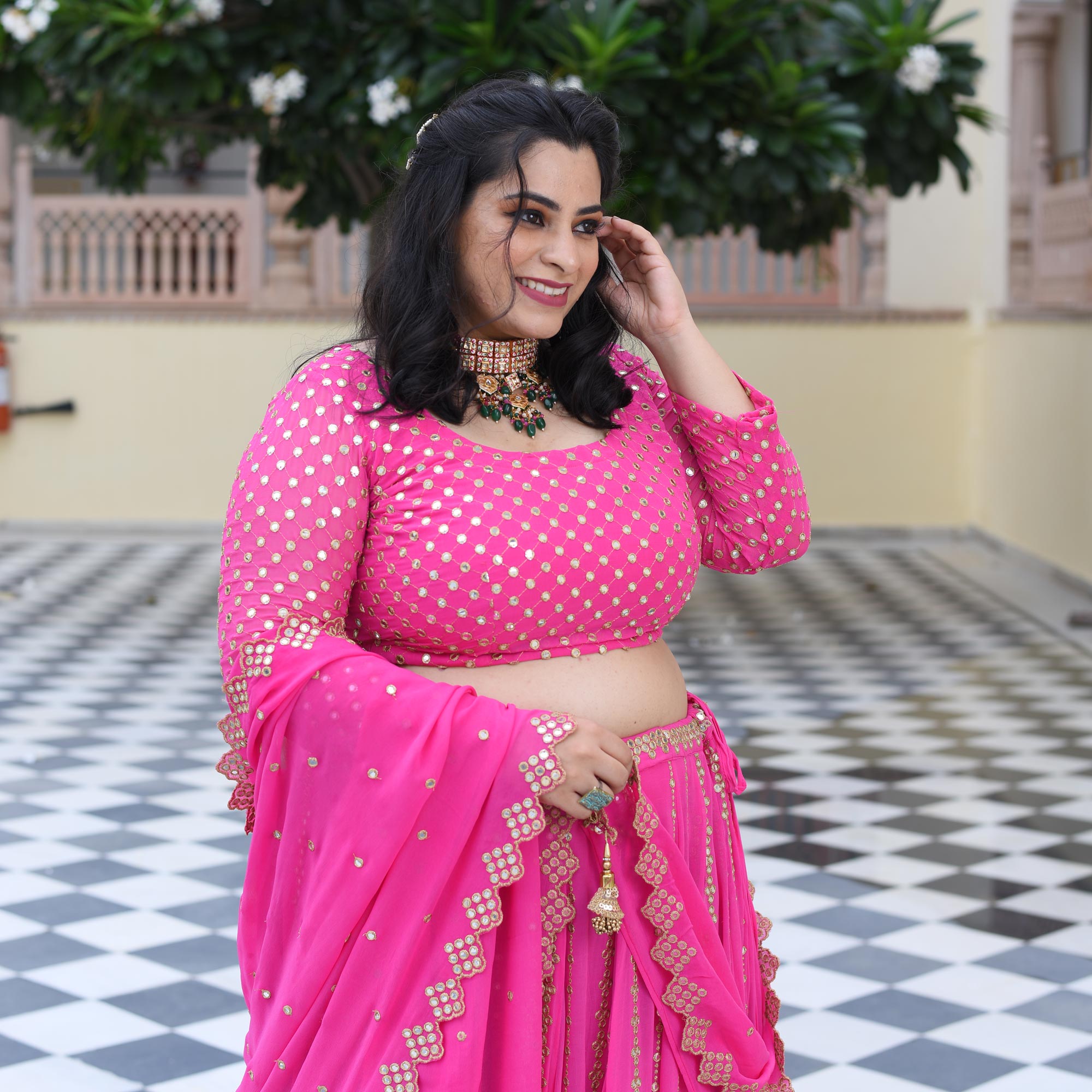 Cerise Pink Mirror Work Lehenga Set