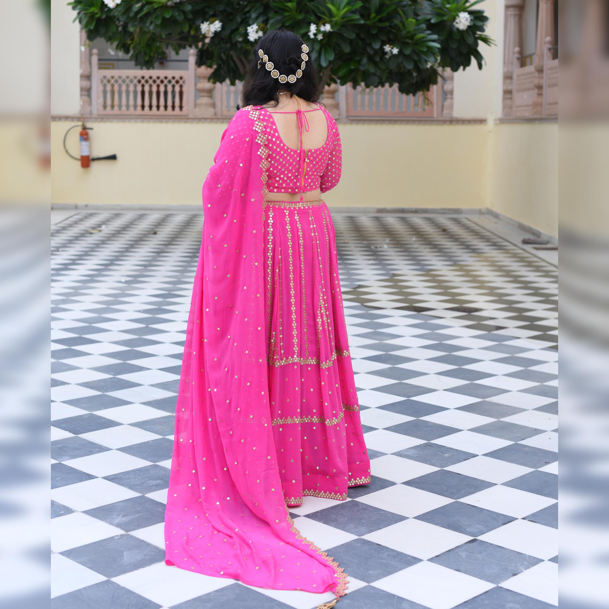 Cerise Pink Mirror Work Lehenga Set