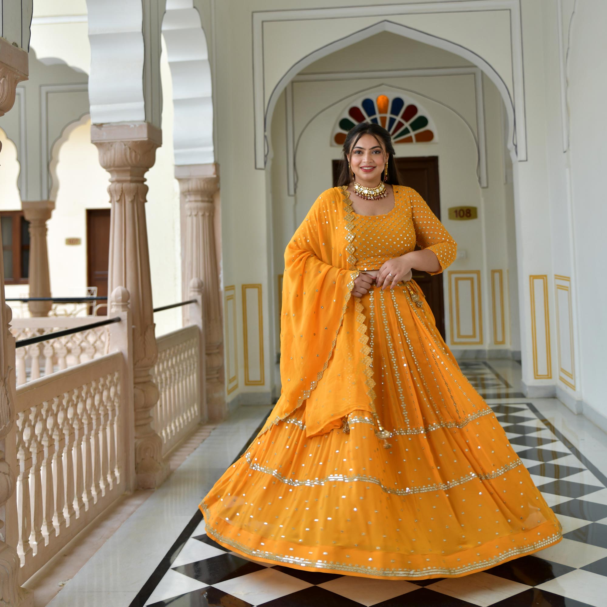 Meteor Yellow Mirror Work Lehenga Set