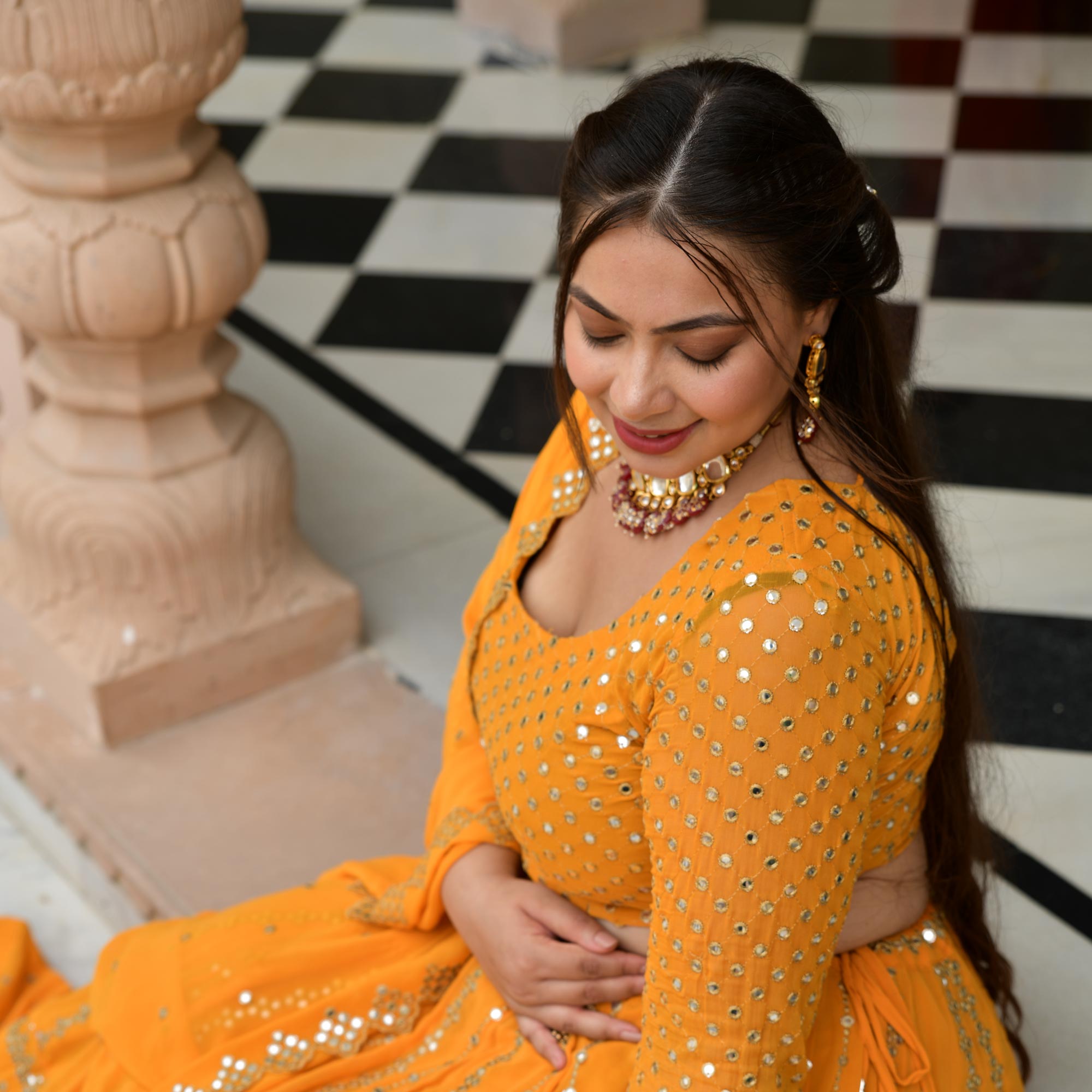 Meteor Yellow Mirror Work Lehenga Set