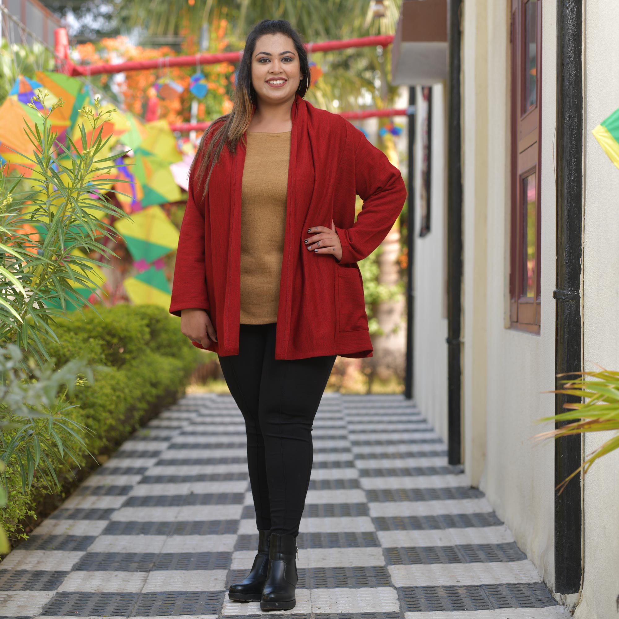 Woollen Old Brick Knitted Cape with Belt