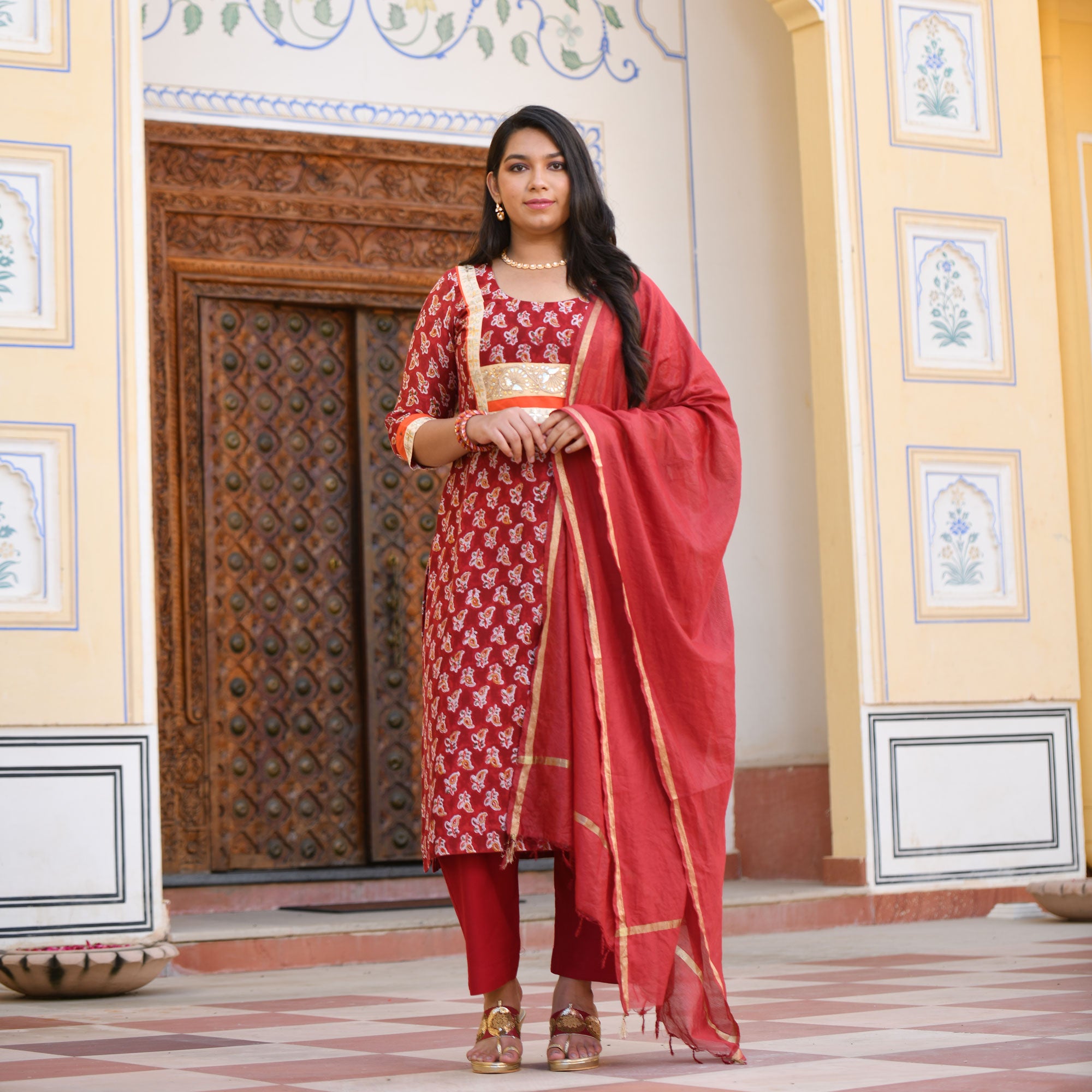 Garnet Red Gota Patti Handblock Chanderi Kurta