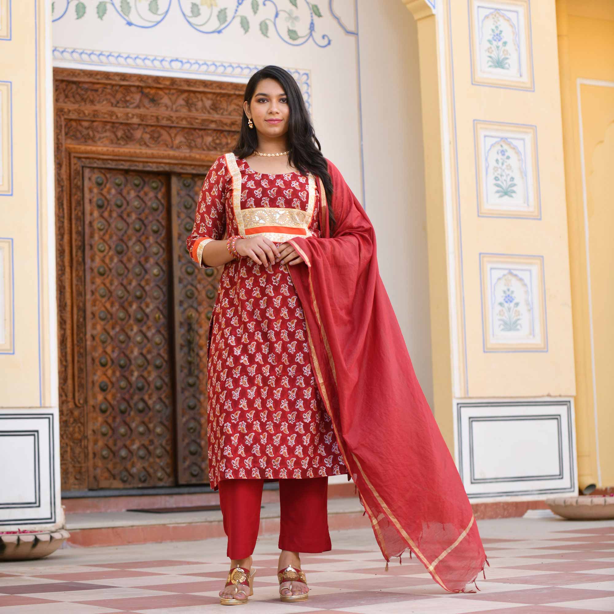 Garnet Red Gota Patti Handblock Chanderi Suit Set