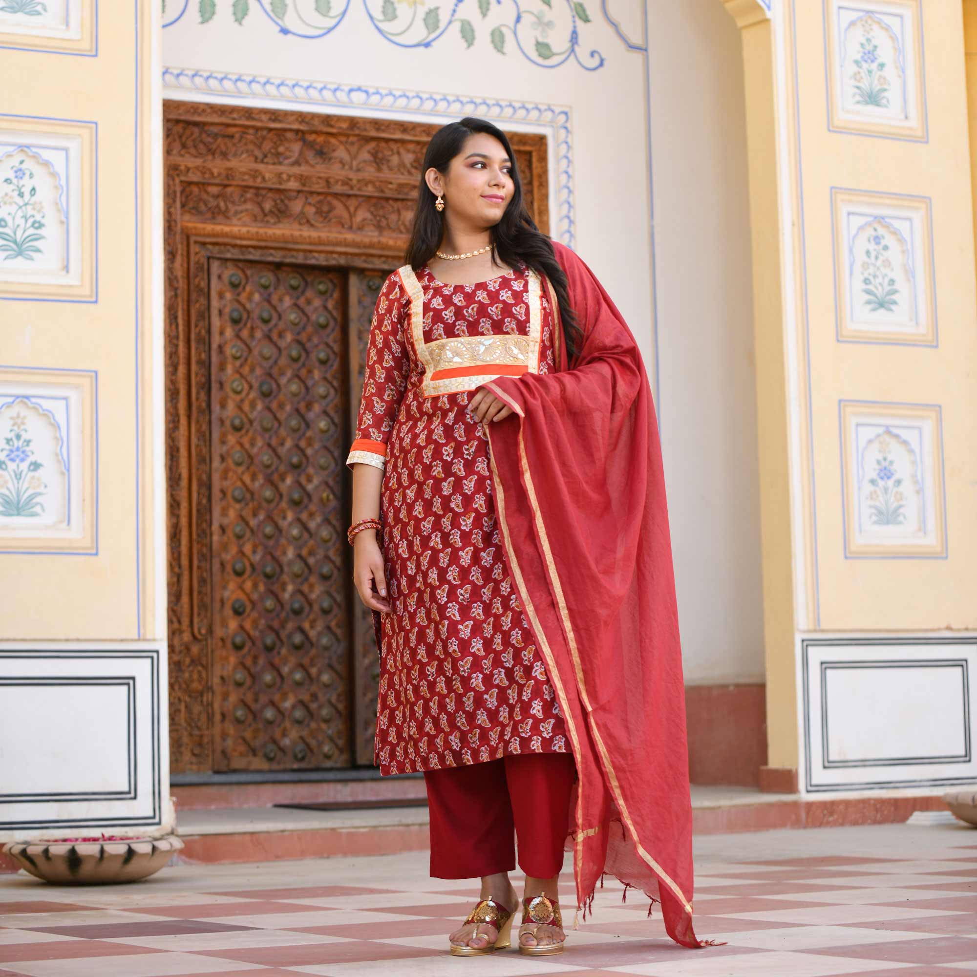 Garnet Red Gota Patti Handblock Chanderi Suit Set