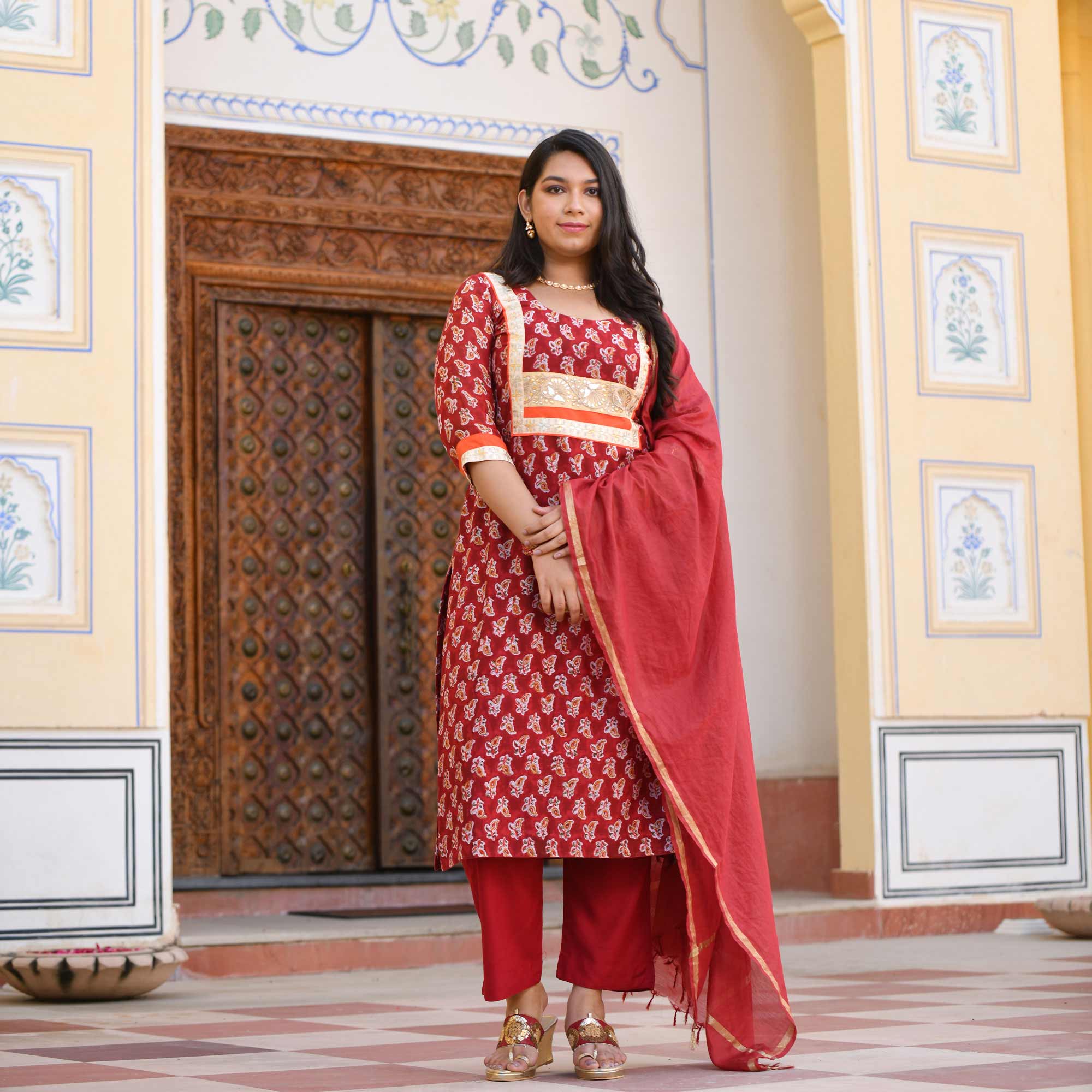 Garnet Red Gota Patti Handblock Chanderi Suit Set