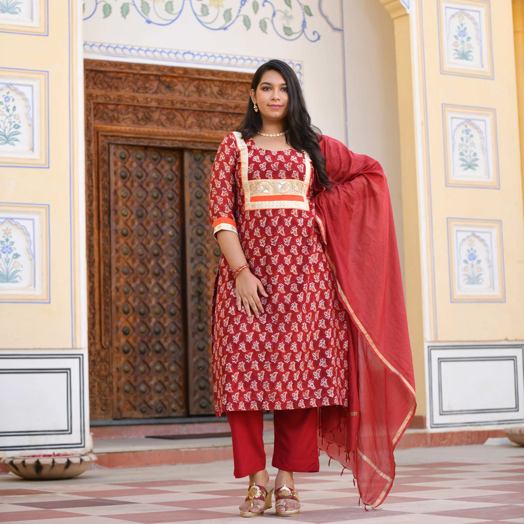 Garnet Red Gota Patti Handblock Chanderi Kurta