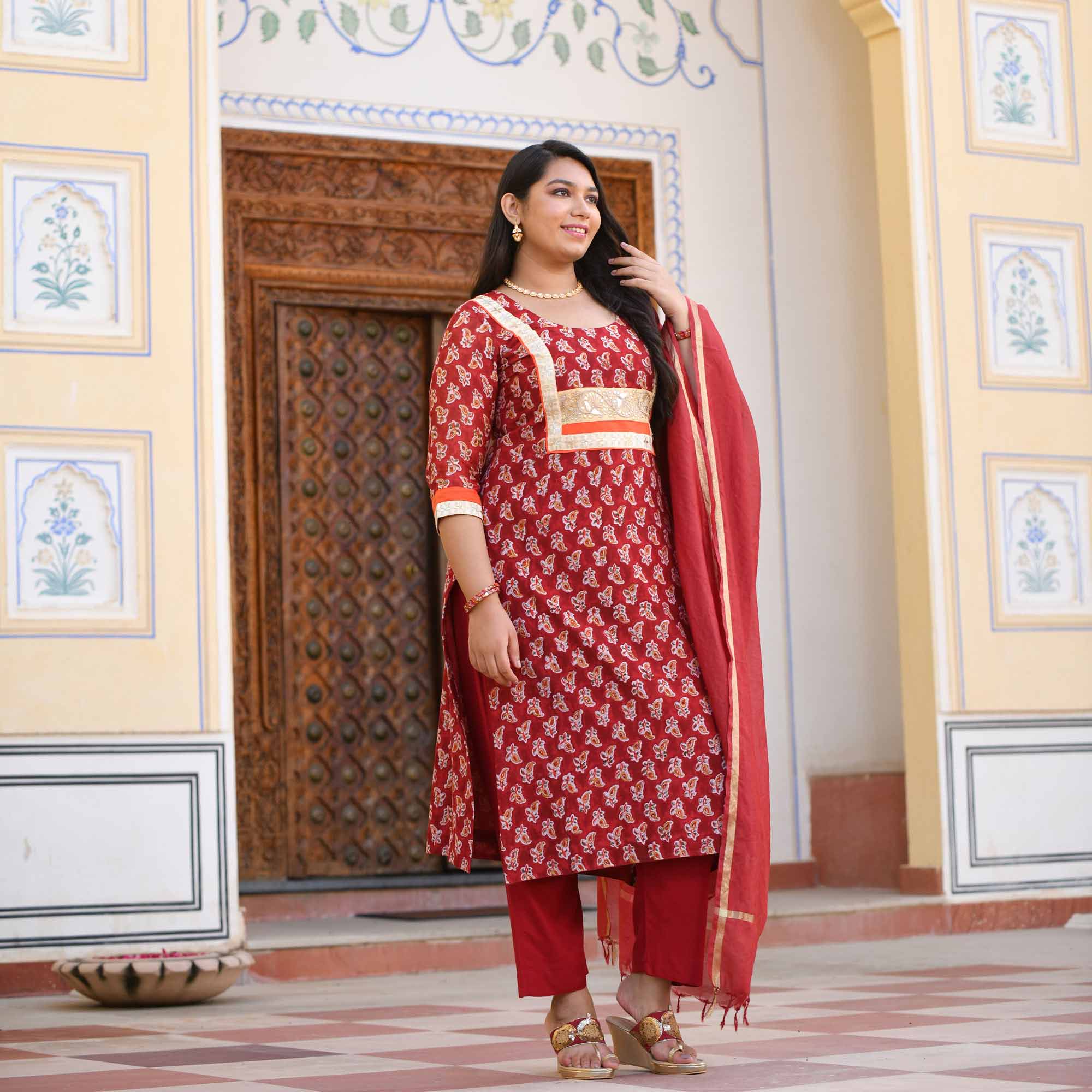Garnet Red Gota Patti Handblock Chanderi Suit Set