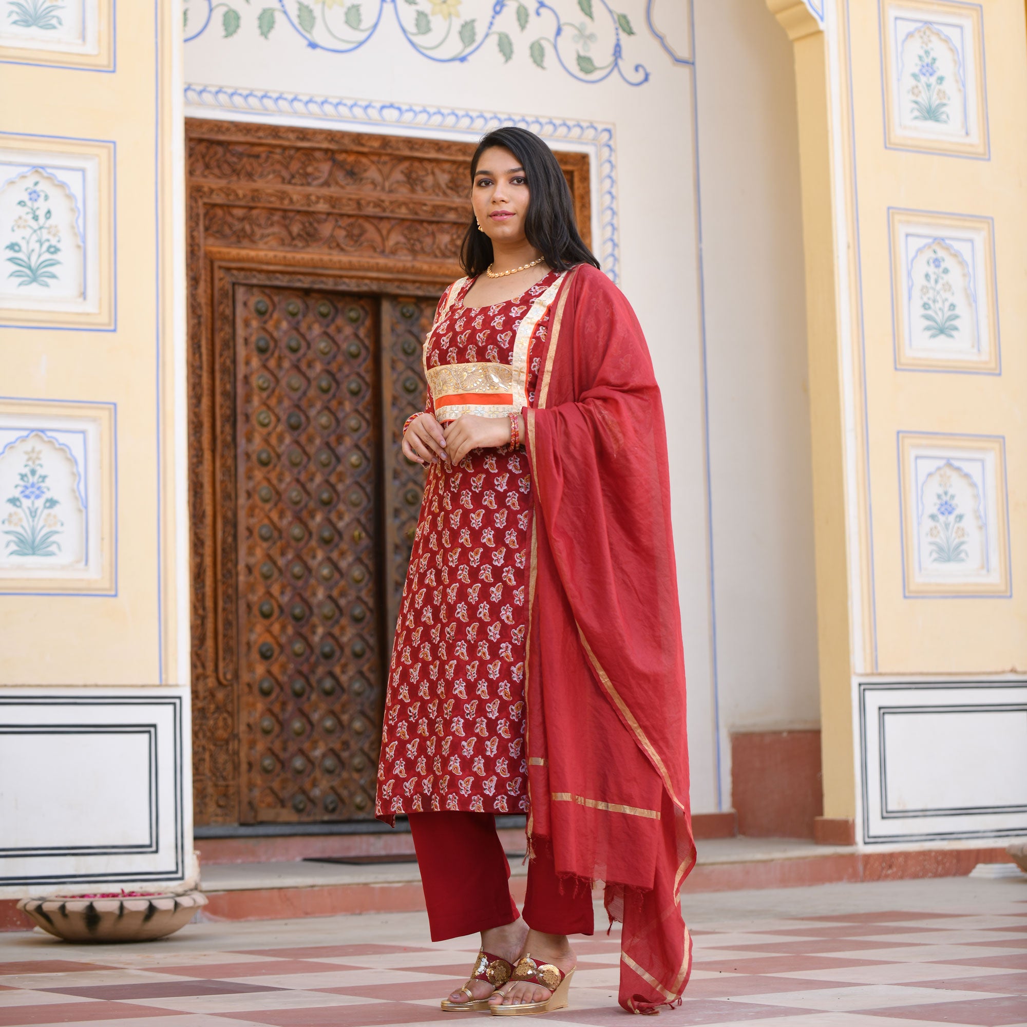 Garnet Red Gota Patti Handblock Chanderi Kurta