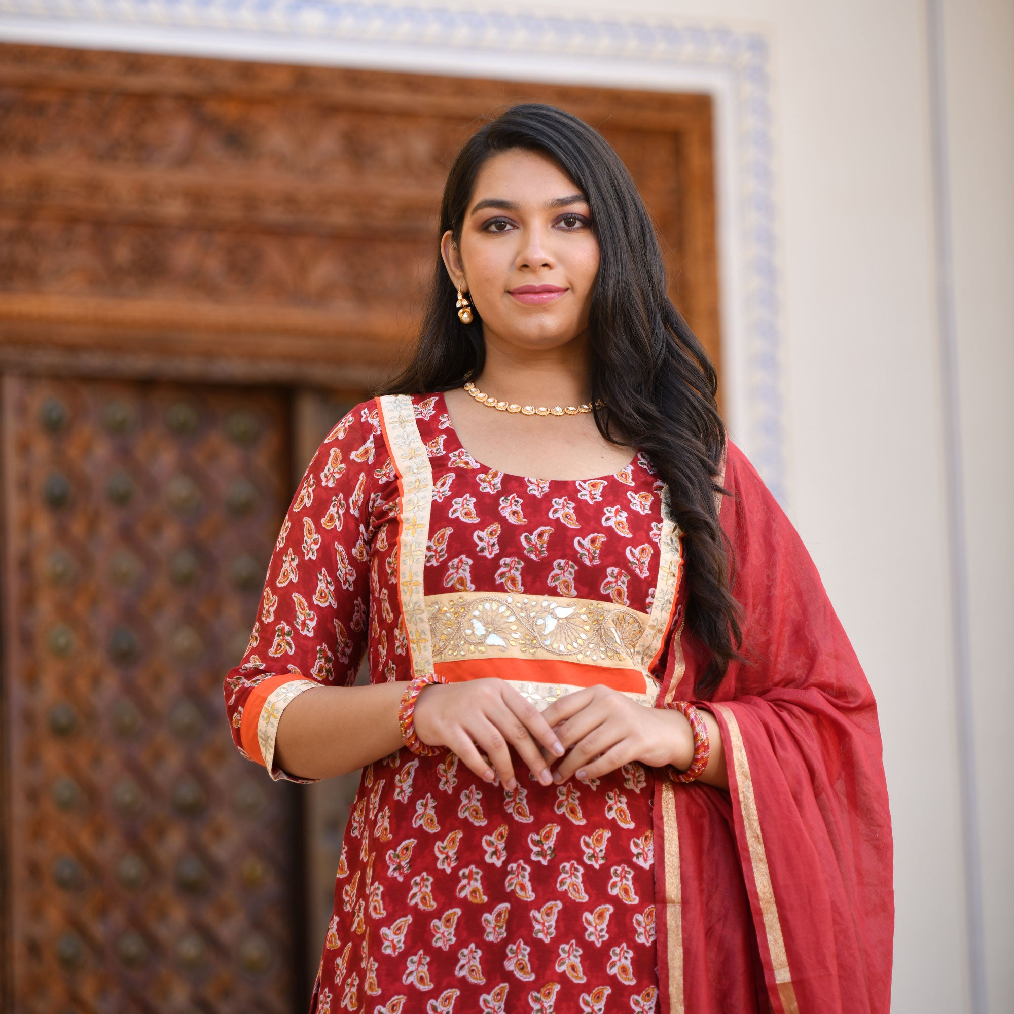Garnet Red Gota Patti Handblock Chanderi Kurta