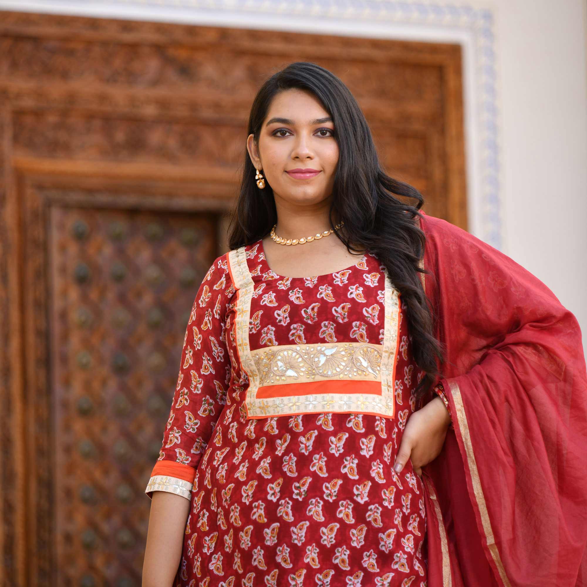 Garnet Red Gota Patti Handblock Chanderi Suit Set