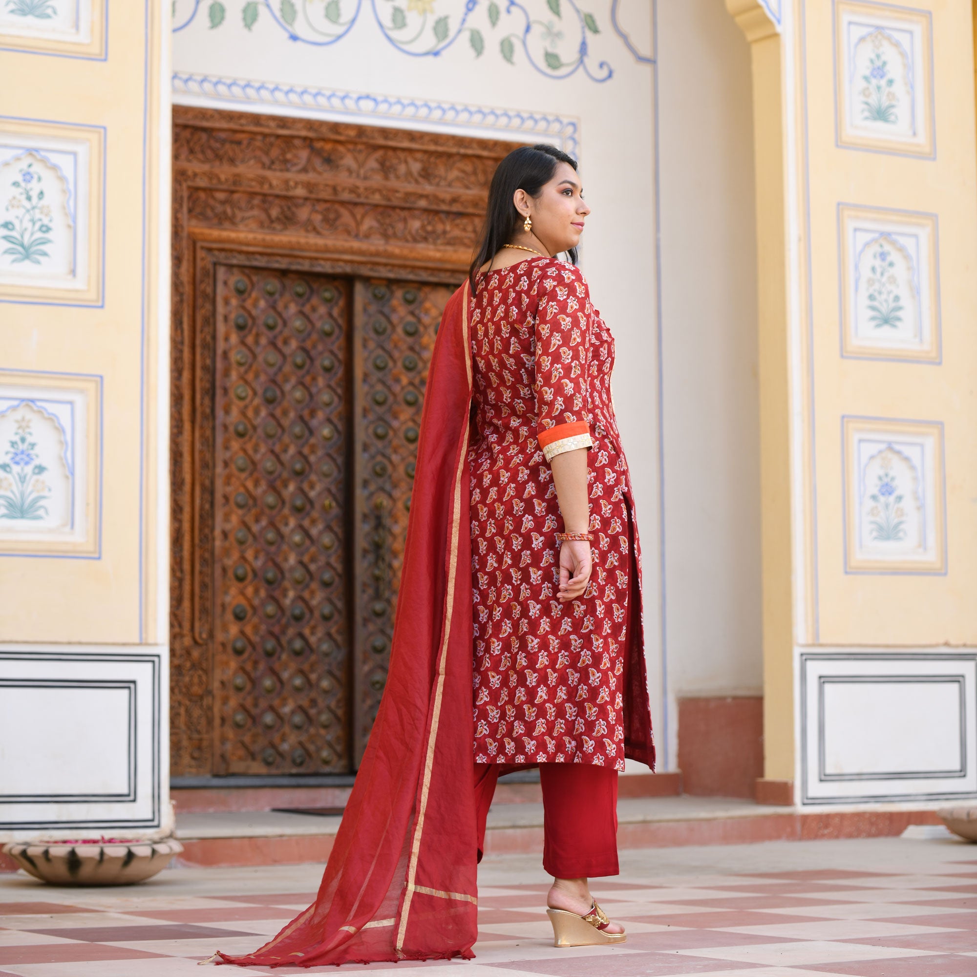 Garnet Red Gota Patti Handblock Chanderi Kurta