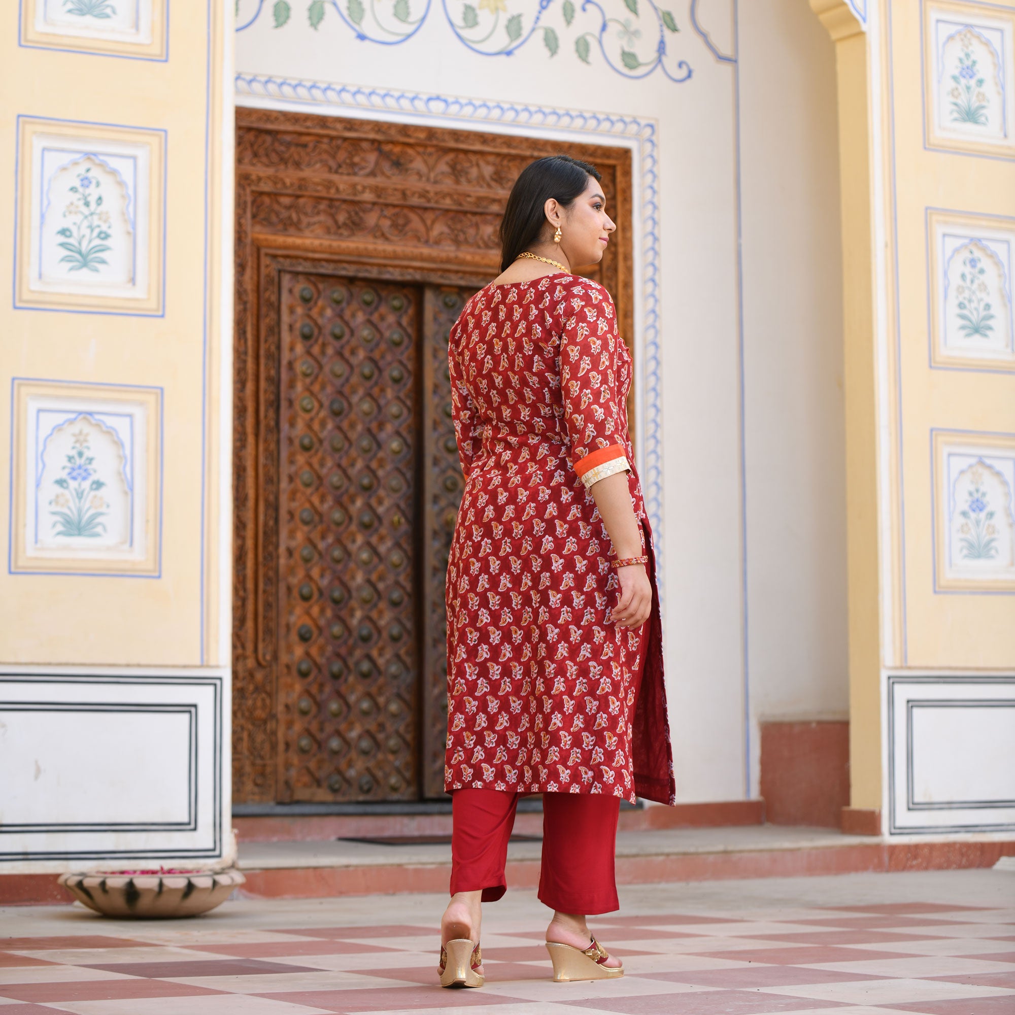 Garnet Red Gota Patti Handblock Chanderi Kurta