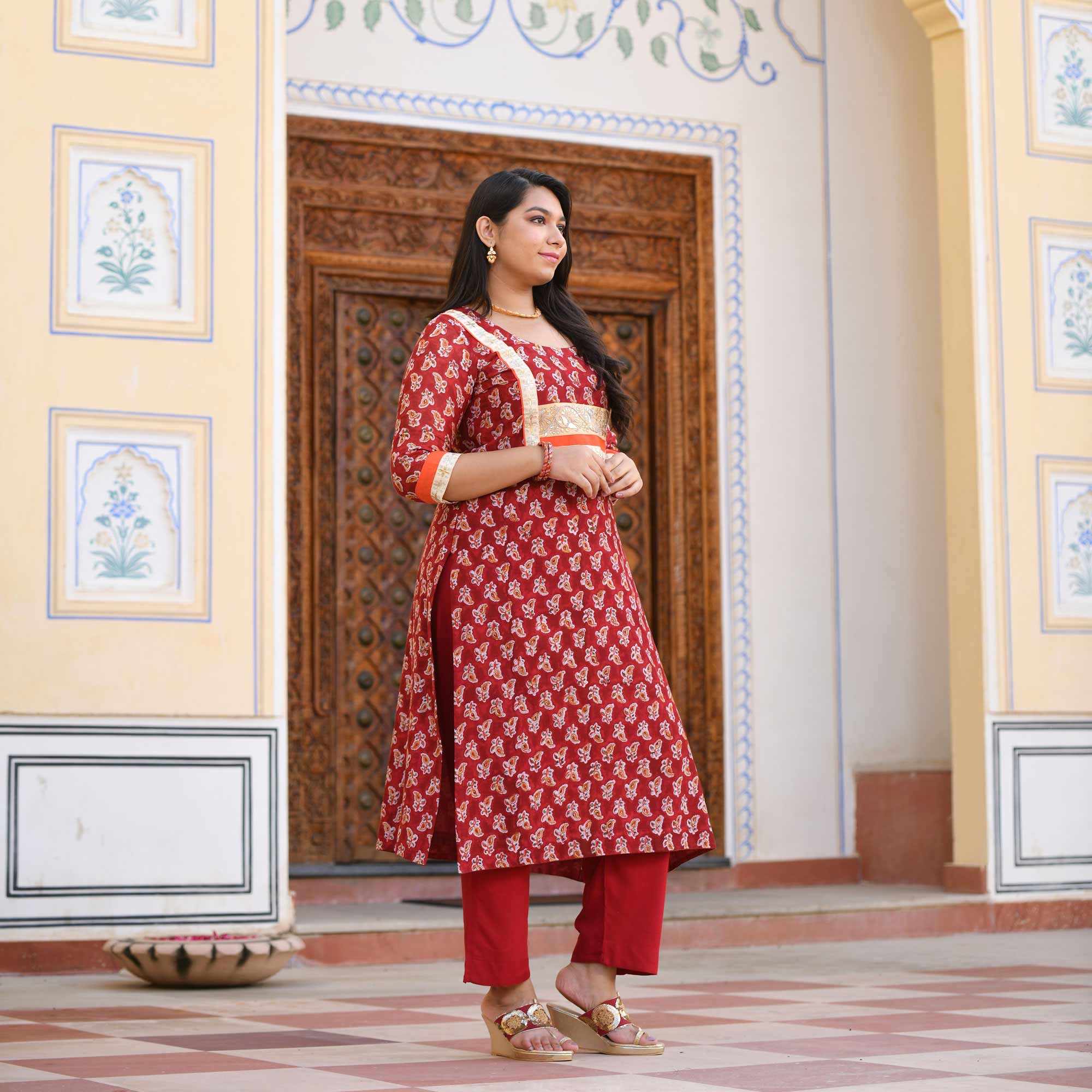 Garnet Red Gota Patti Handblock Chanderi Suit Set