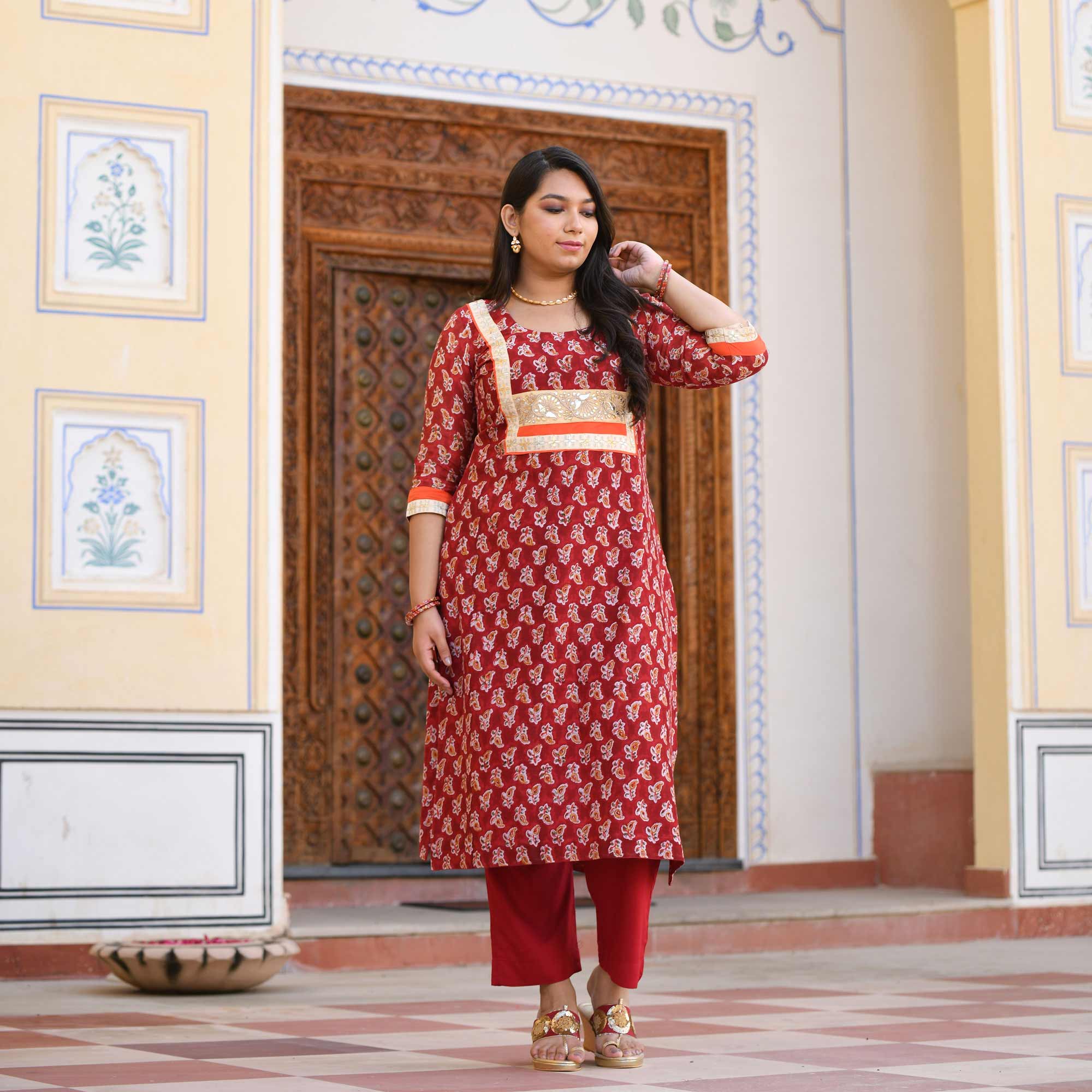 Garnet Red Gota Patti Handblock Chanderi Suit Set