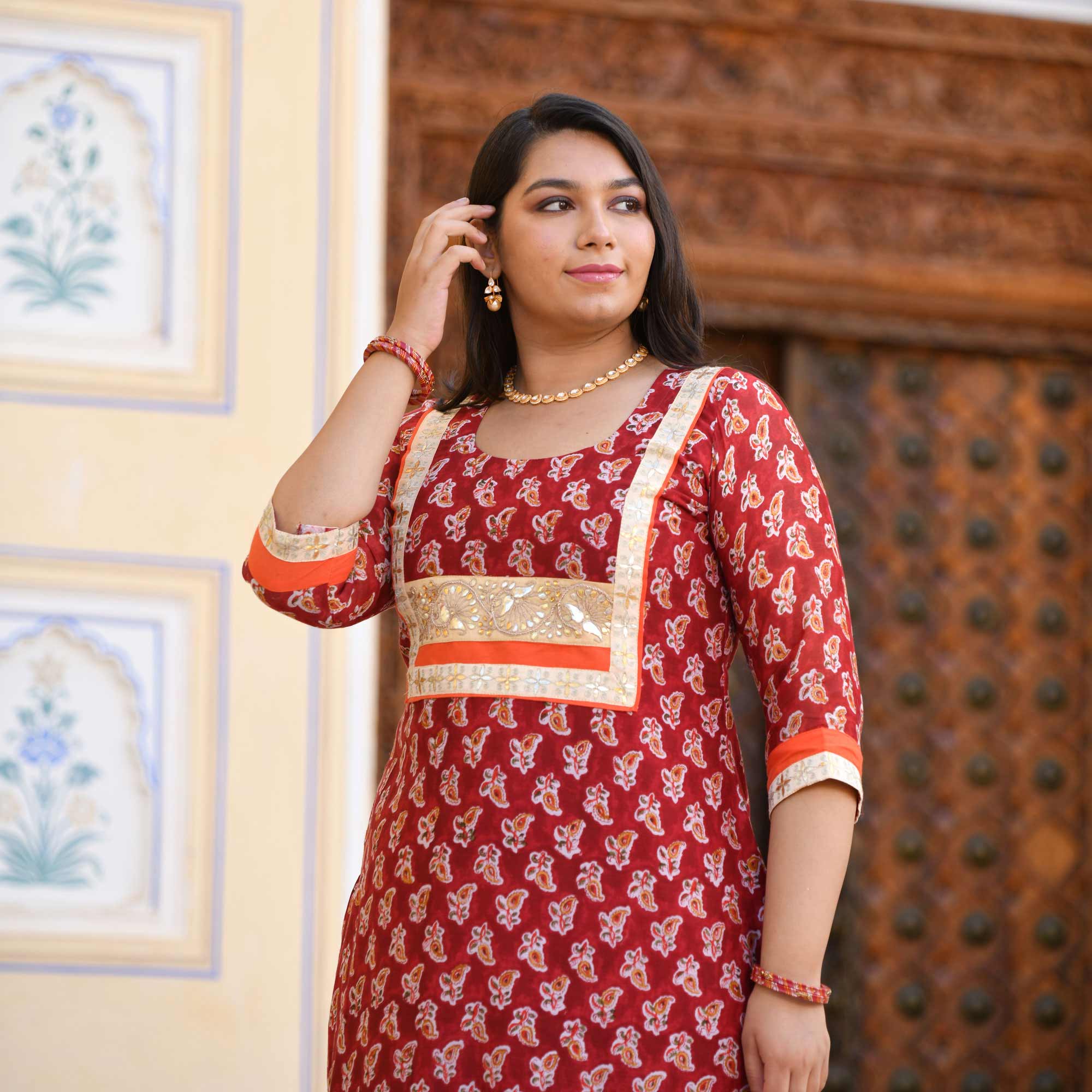 Garnet Red Gota Patti Handblock Chanderi Suit Set