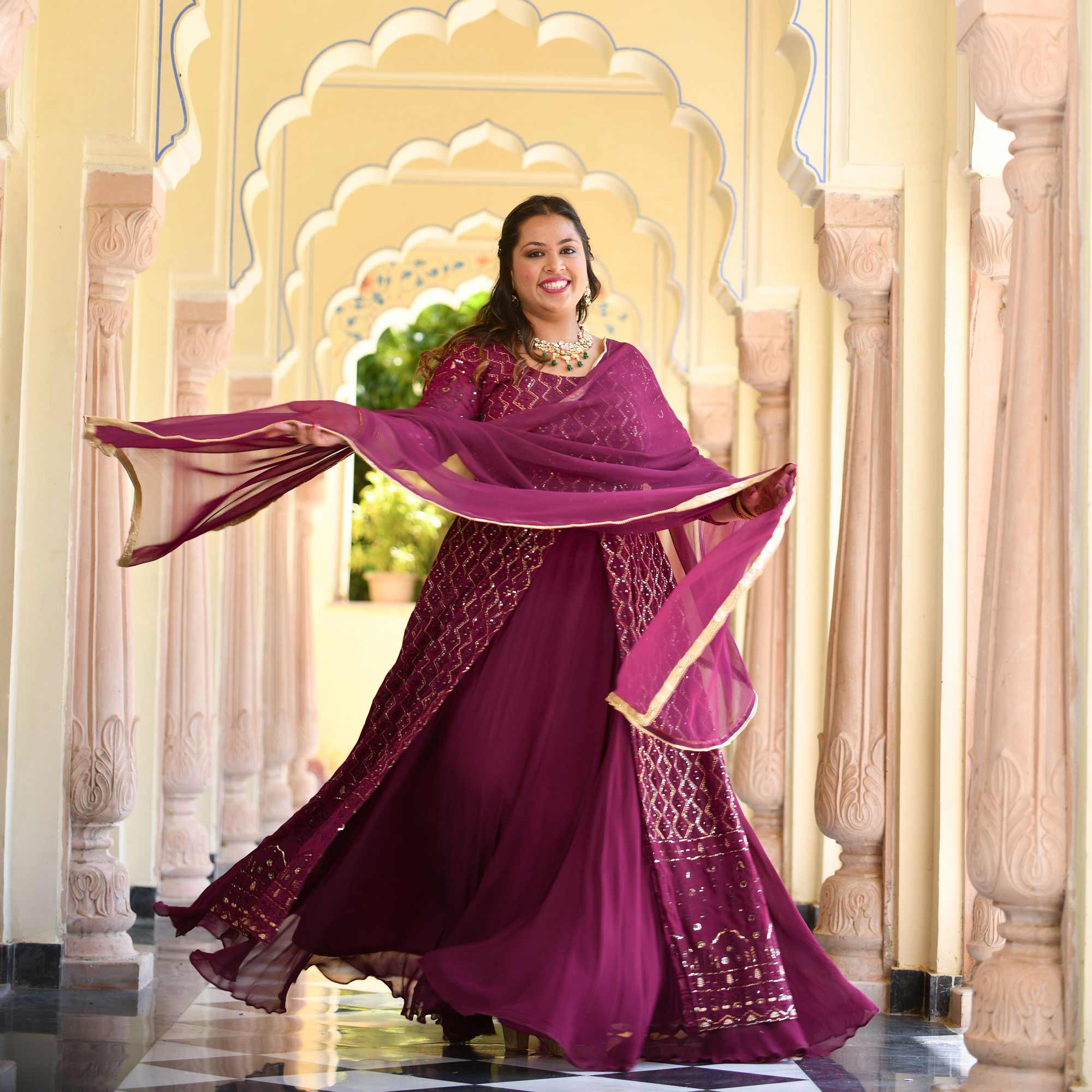Wine Thread Embroidered Georgette Anarkali Dress