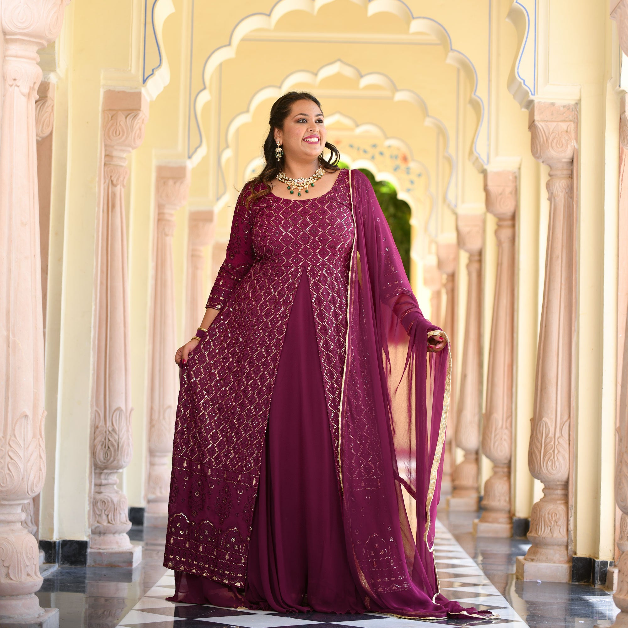Wine Thread Embroidered Georgette Anarkali Dress-Plus Size Clothing(XS-10XL)
