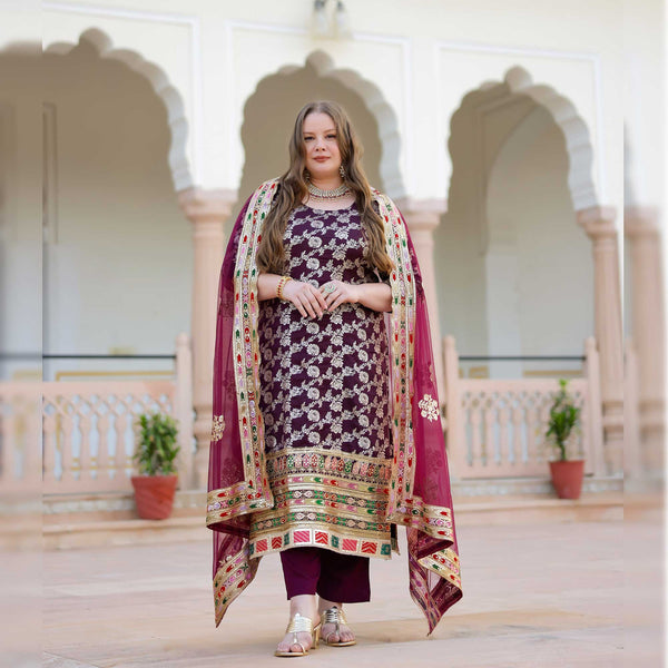 Cherry Nightfall Banarasi Embroidered Suit Set