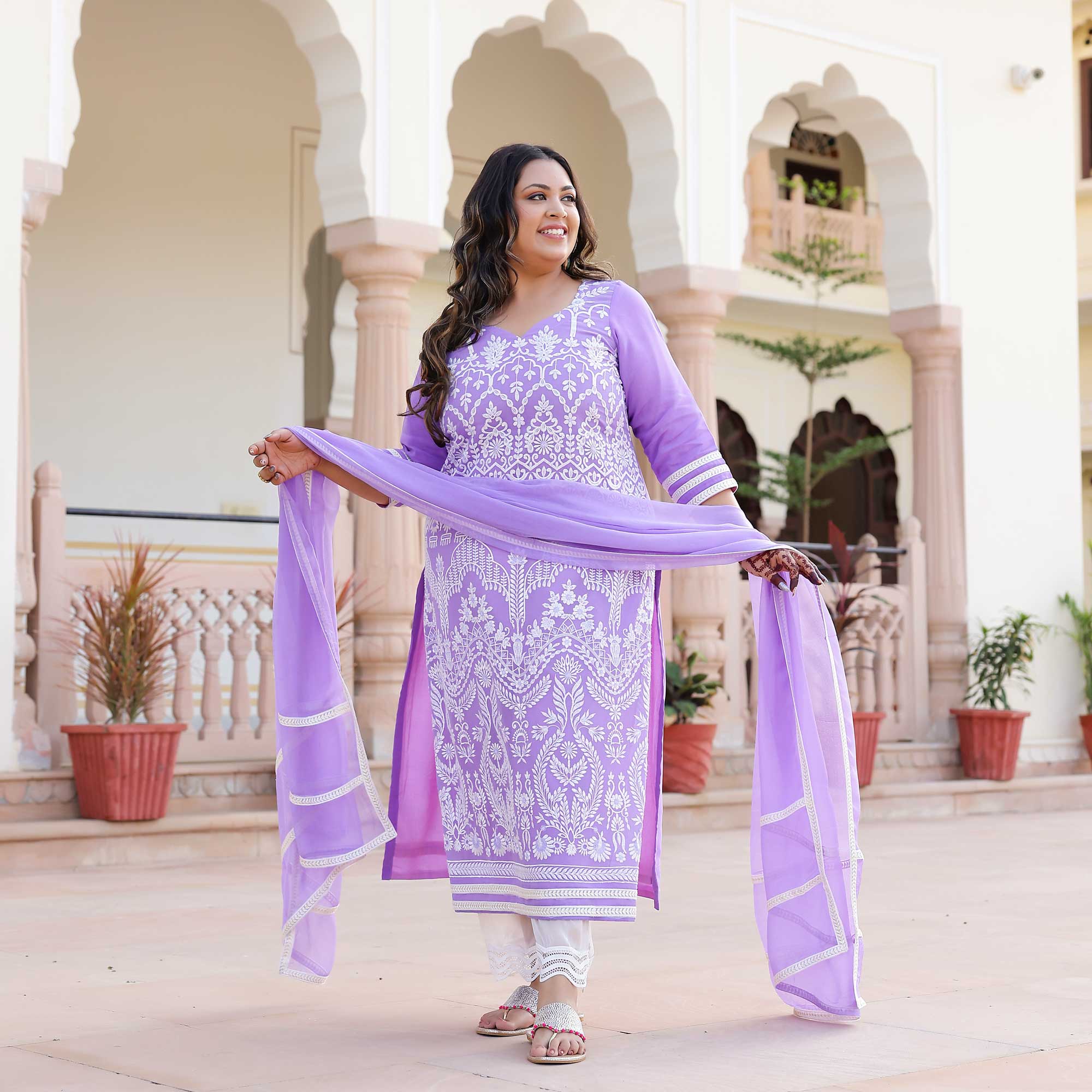 Periwinkle & Pearl Thread Embroidered Georgette Suit Set