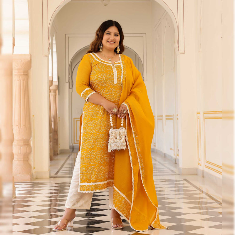 Marigold Thread Embroidered Kota Silk Suit Set