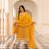Marigold Thread Embroidered Kota Silk Suit Set