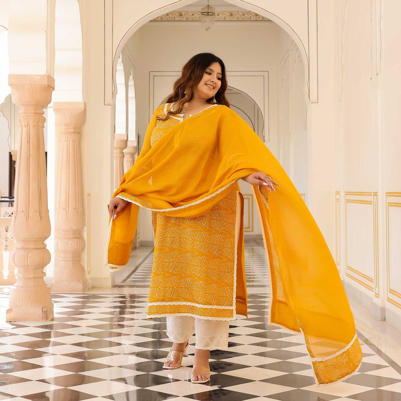 Marigold Thread Embroidered Kota Silk Suit Set
