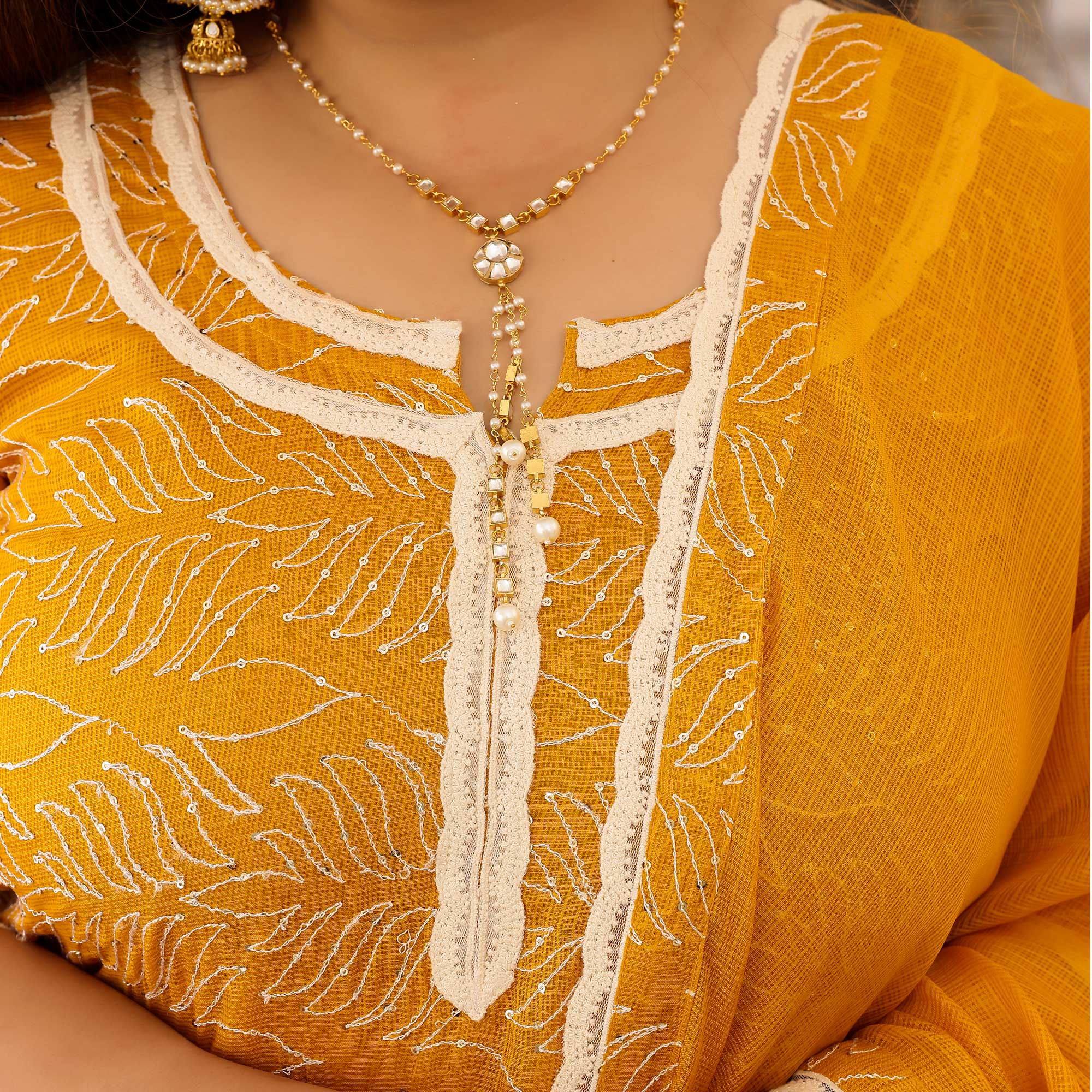 Marigold Thread Embroidered Kota Silk Suit Set