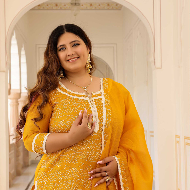 Marigold Thread Embroidered Kota Silk Suit Set