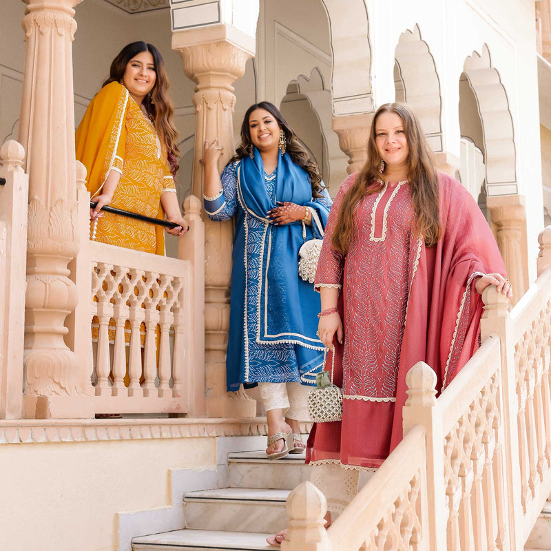 Marigold Thread Embroidered Kota Silk Suit Set