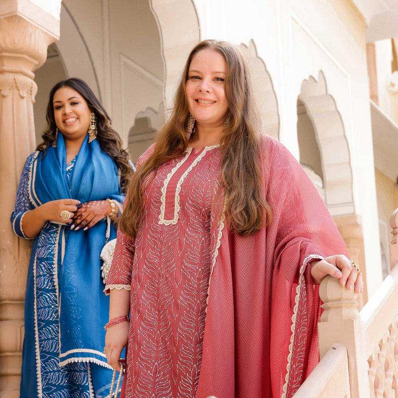 Rosemarry Pink Thread Embroidered Kota Silk Suit Set