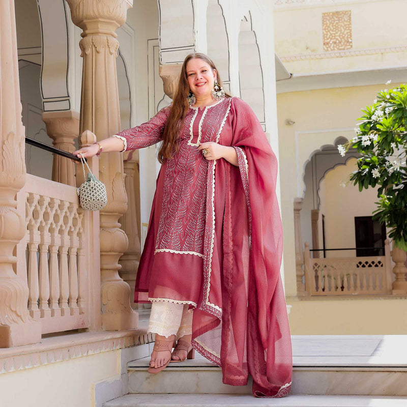 Rosemarry Pink Thread Embroidered Kota Silk Suit Set