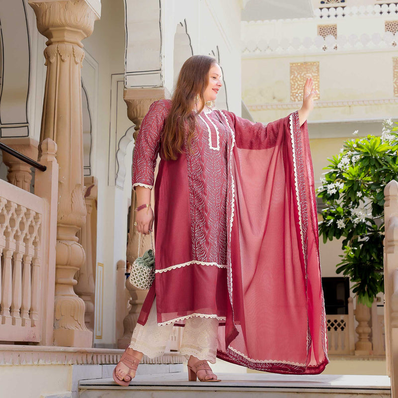 Rosemarry Pink Thread Embroidered Kota Silk Suit Set