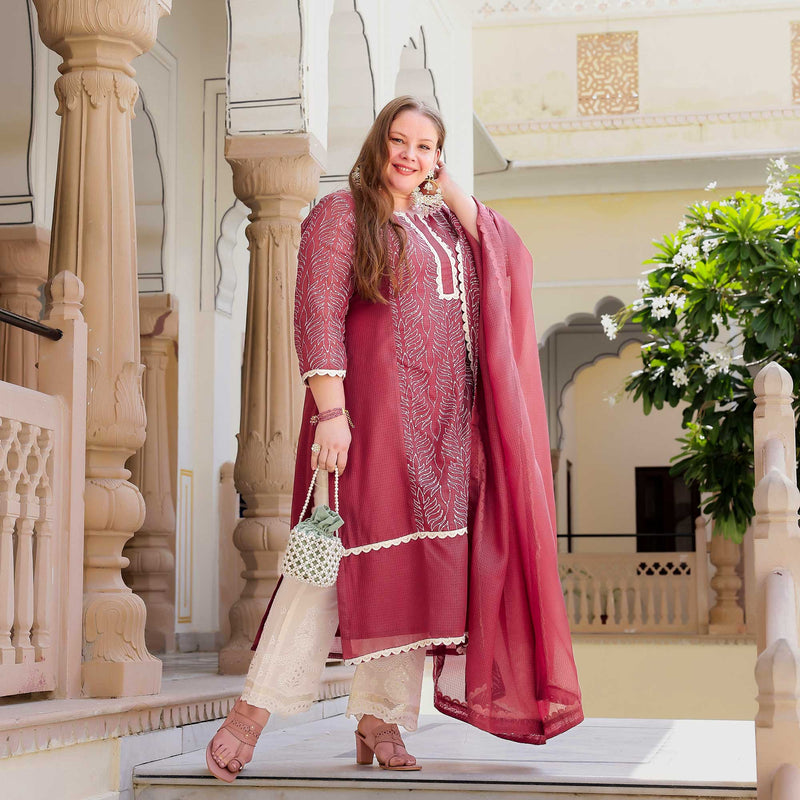 Rosemarry Pink Thread Embroidered Kota Silk Suit Set
