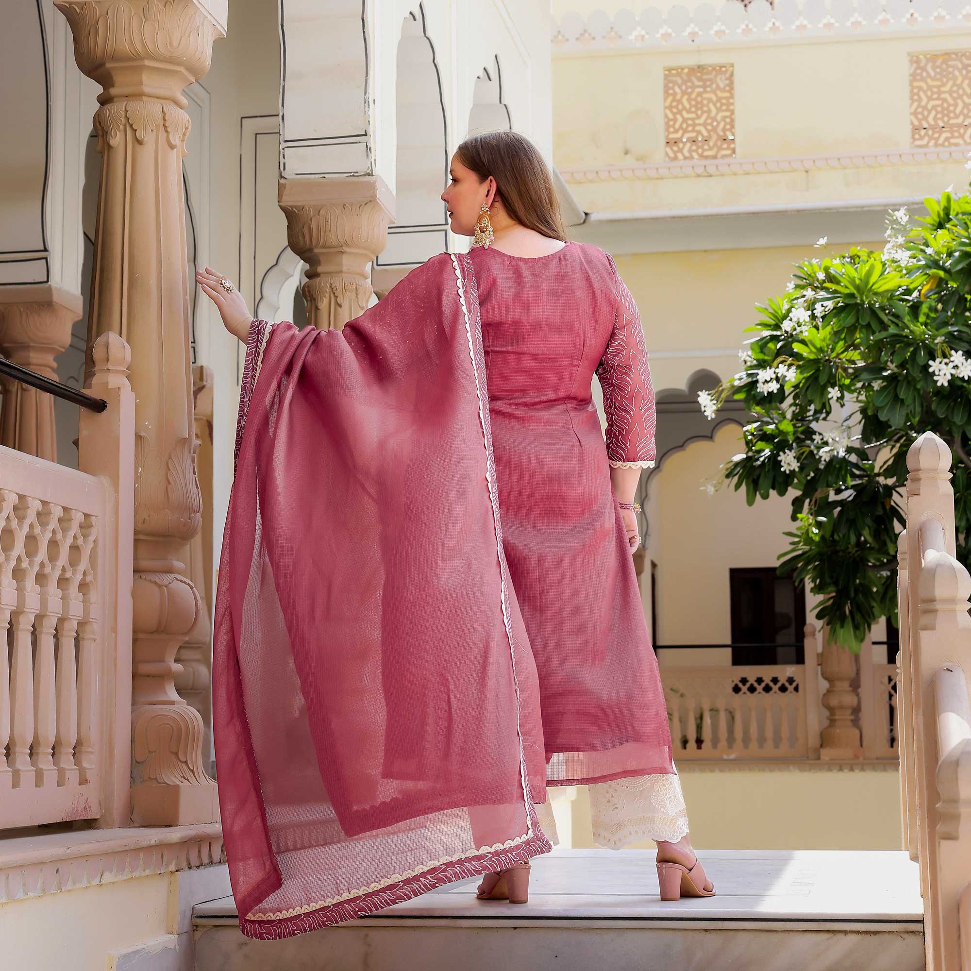 Rosemarry Pink Thread Embroidered Kota Silk Suit Set