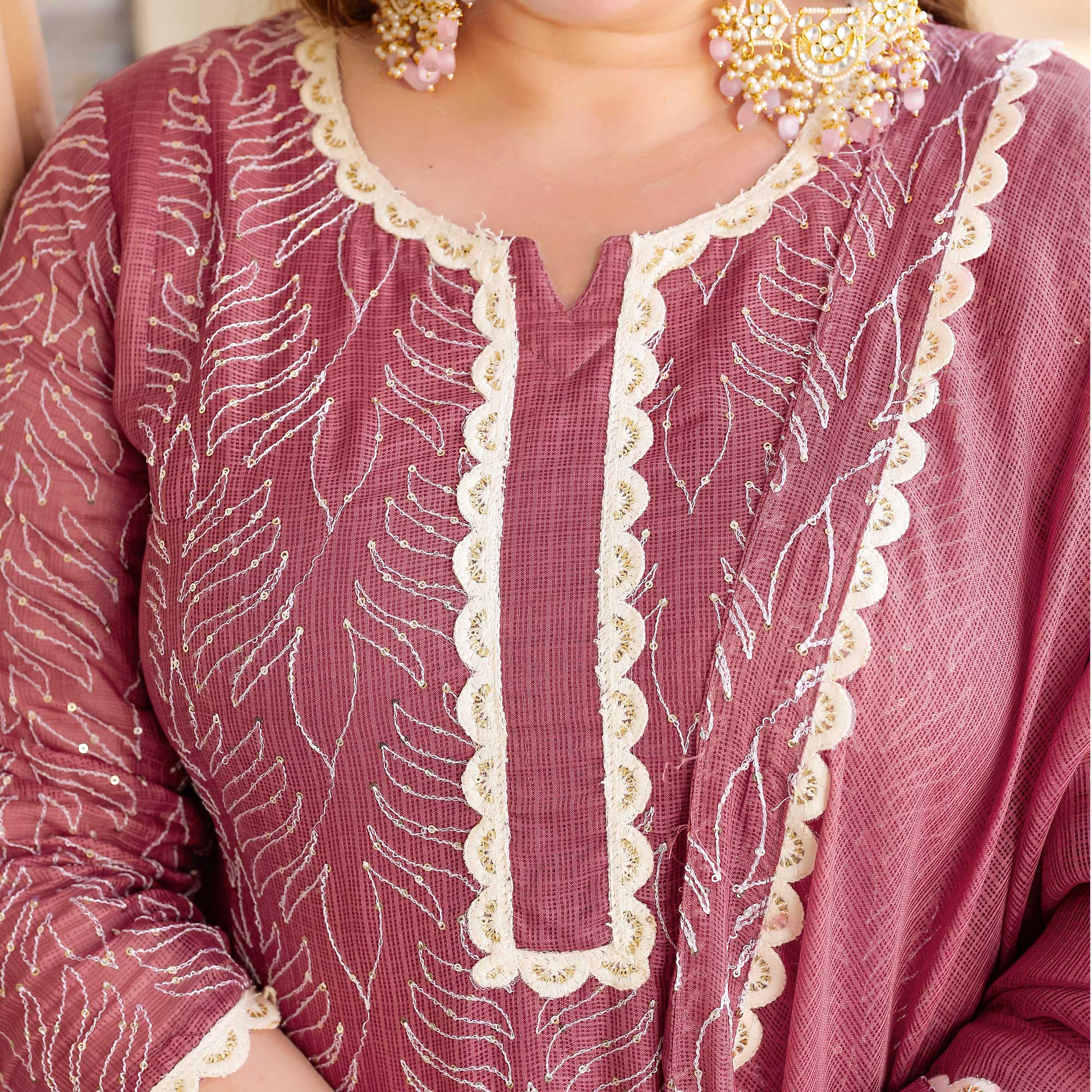 Rosemarry Pink Thread Embroidered Kota Silk Suit Set