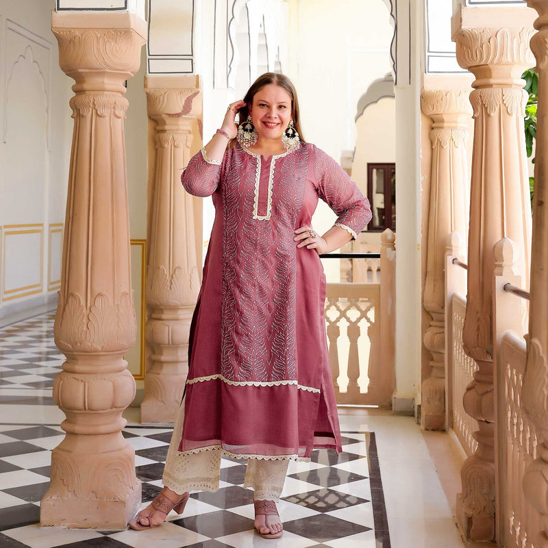 Rosemarry Pink Thread Embroidered Kota Silk Suit Set