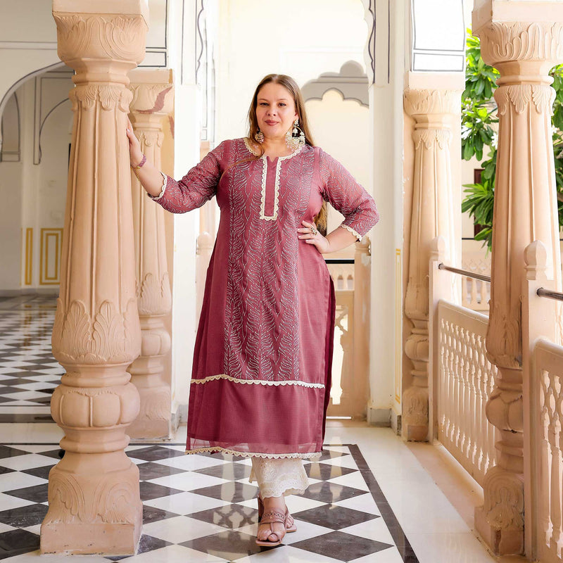 Rosemarry Pink Thread Embroidered Kota Silk Suit Set