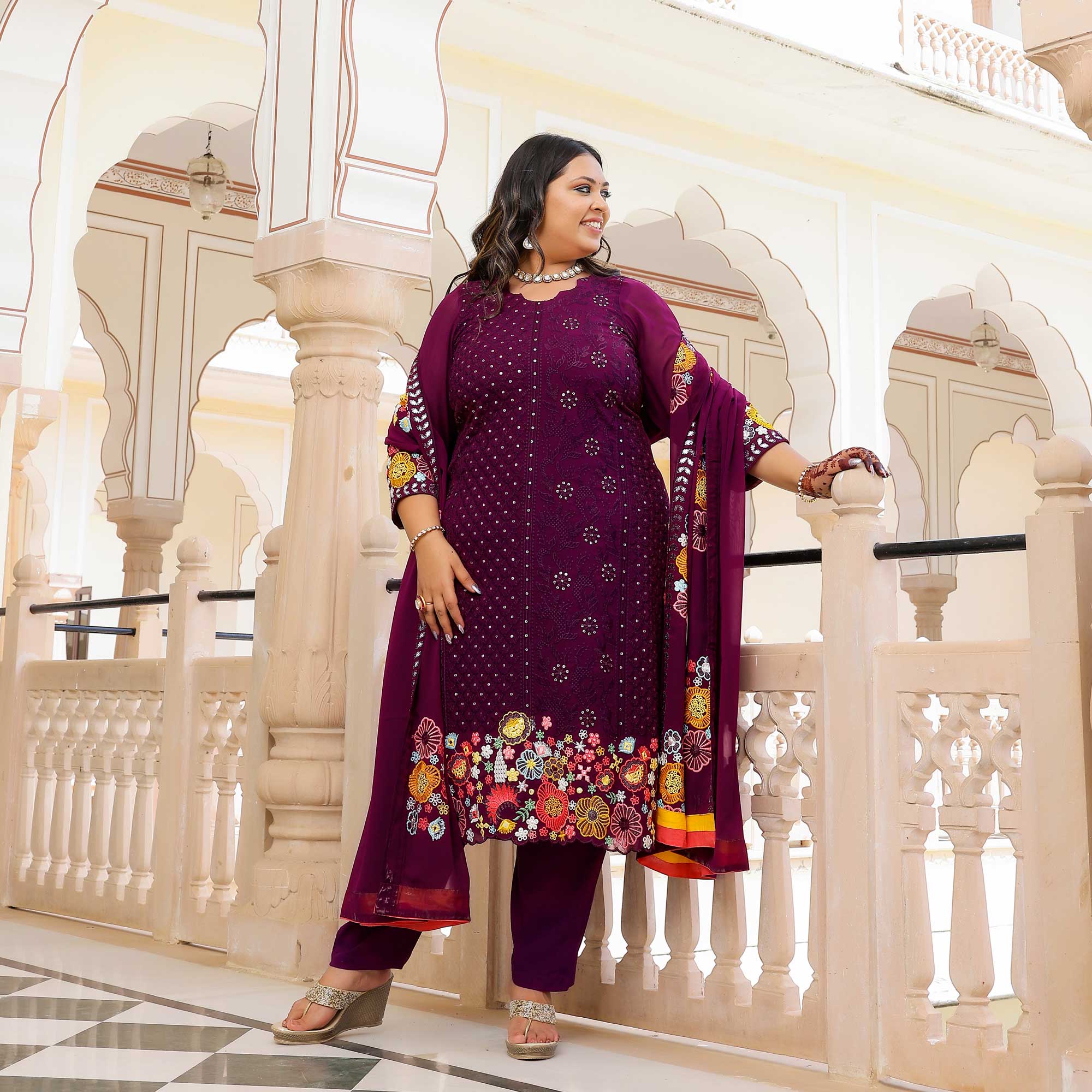 Majestic Wine Thread Embroidered Suit Set