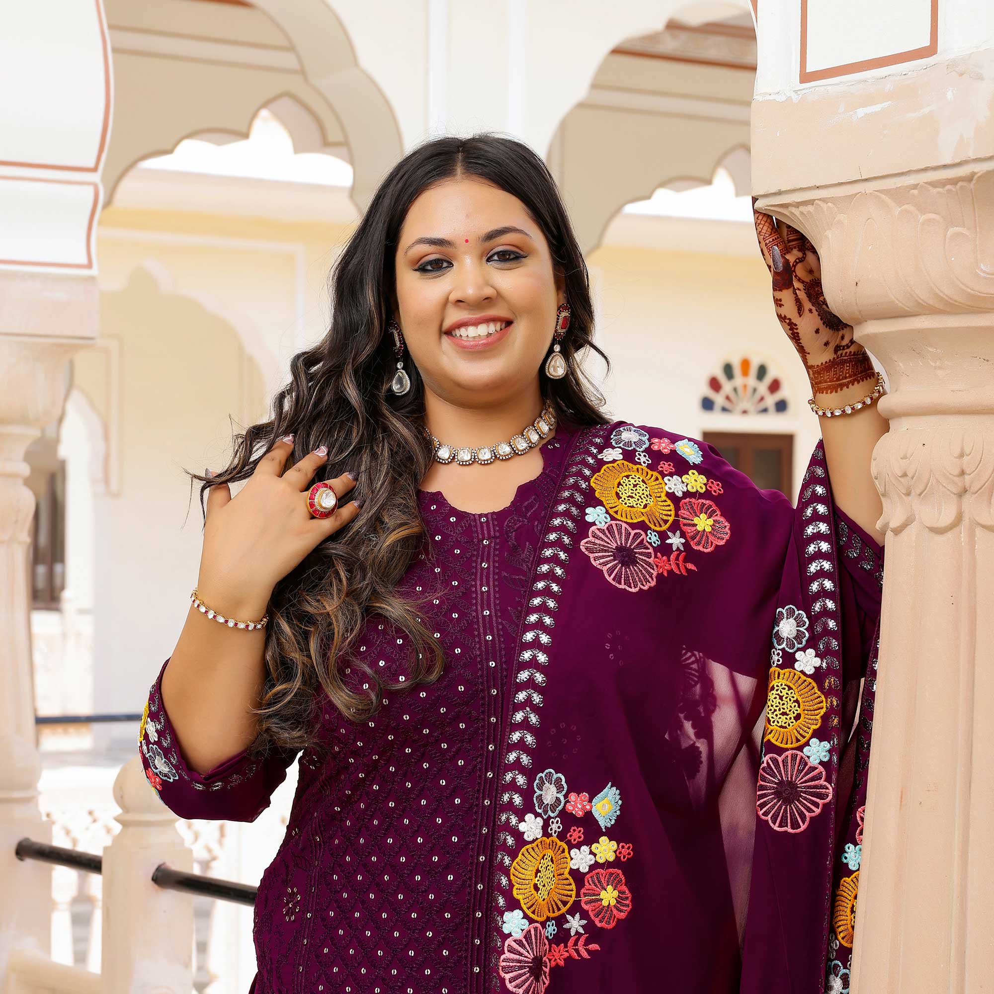 Majestic Wine Thread Embroidered Suit Set