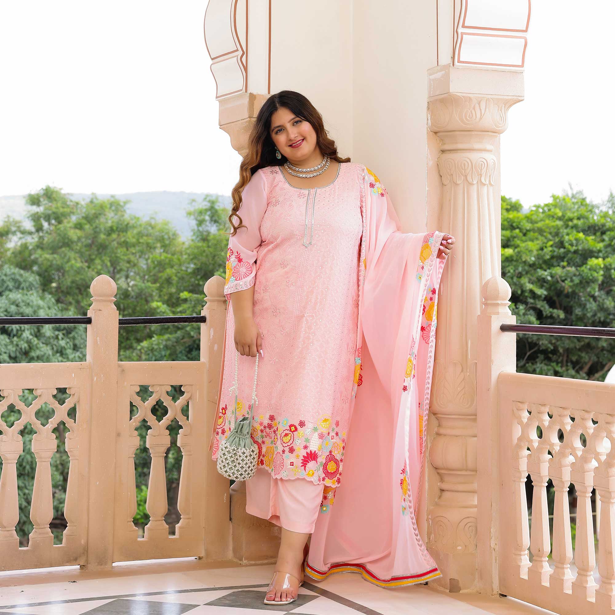 Soft Pink Thread Embroidered Suit Set