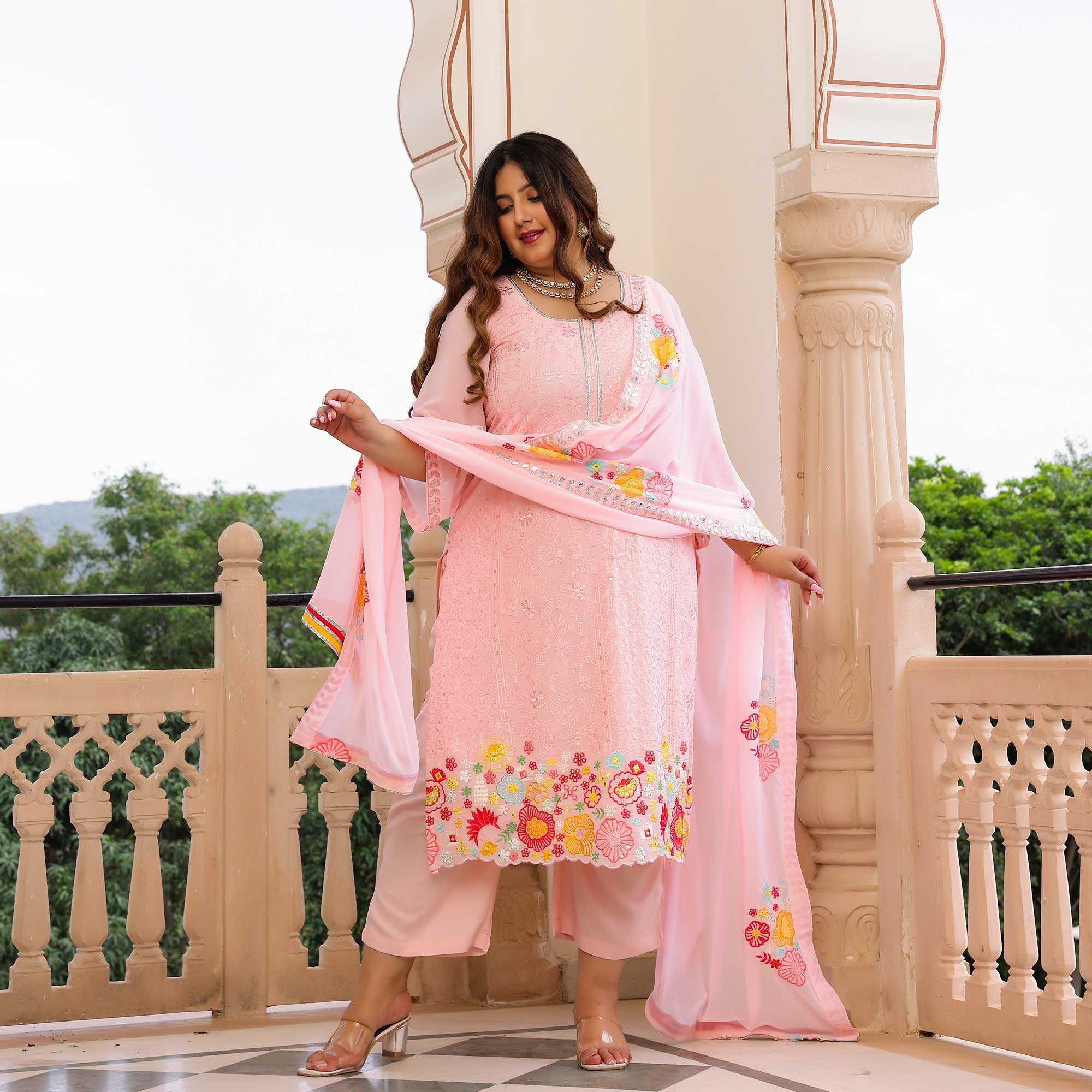 Soft Pink Thread Embroidered Suit Set