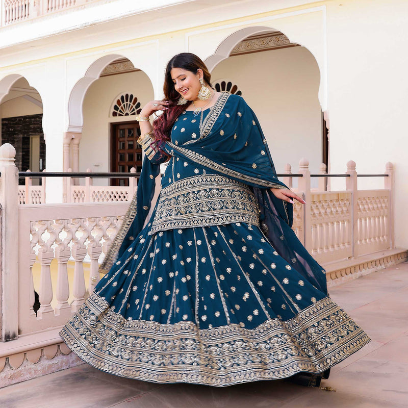 Prussian Blue Elegance Sequin Georgette Lehenga Set
