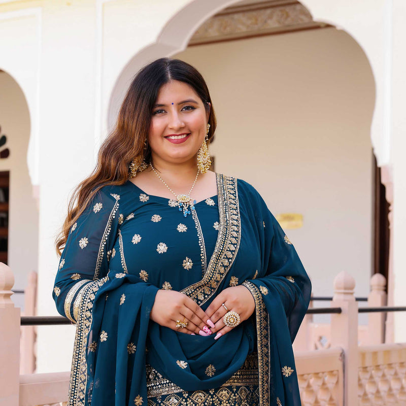 Prussian Blue Elegance Sequin Georgette Lehenga Set