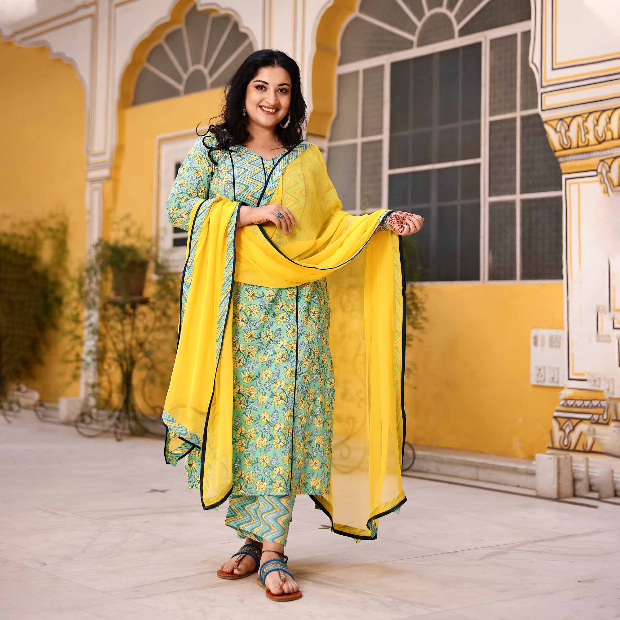 Lemon Mint Floral Cotton Kurta