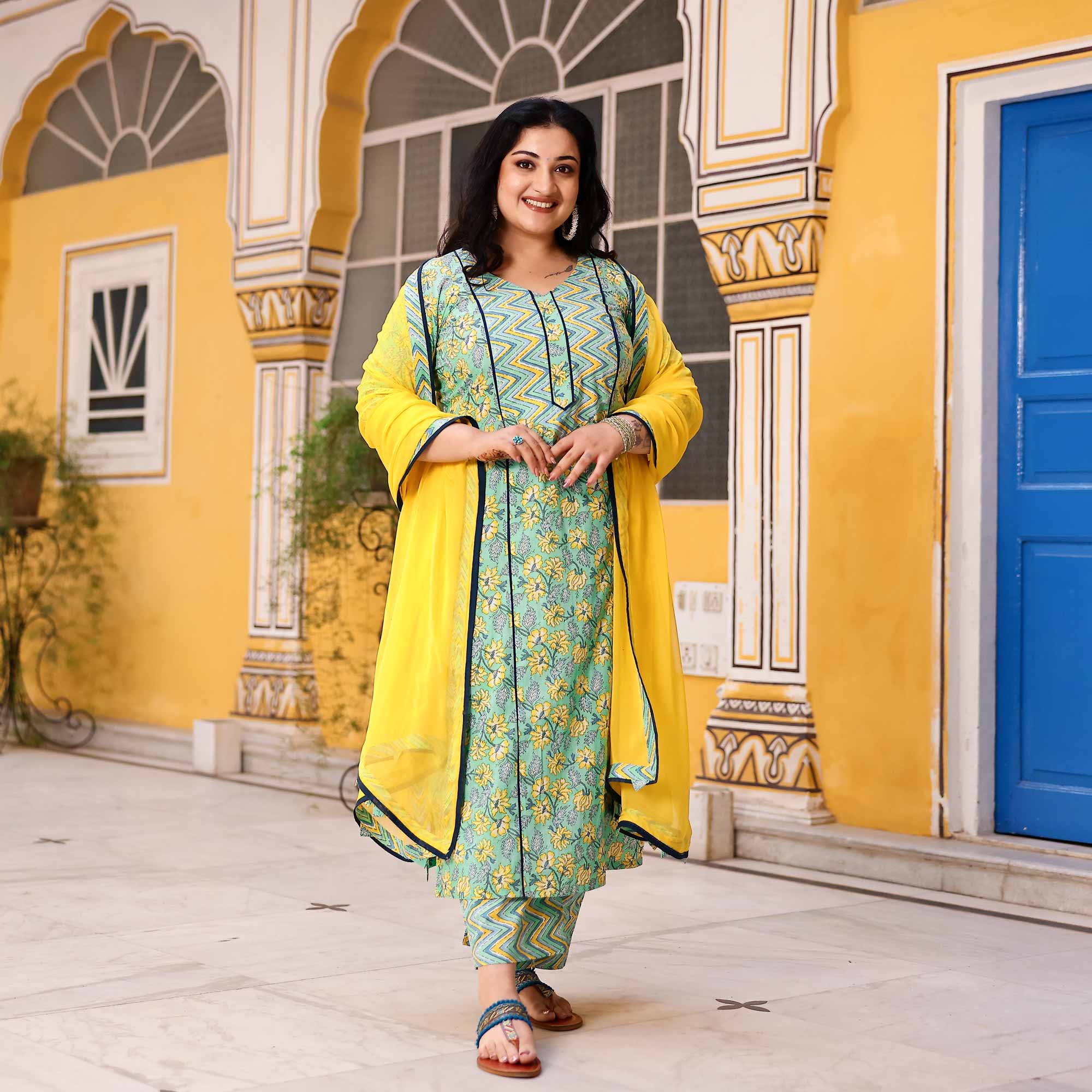 Lemon Mint Floral Cotton Kurta
